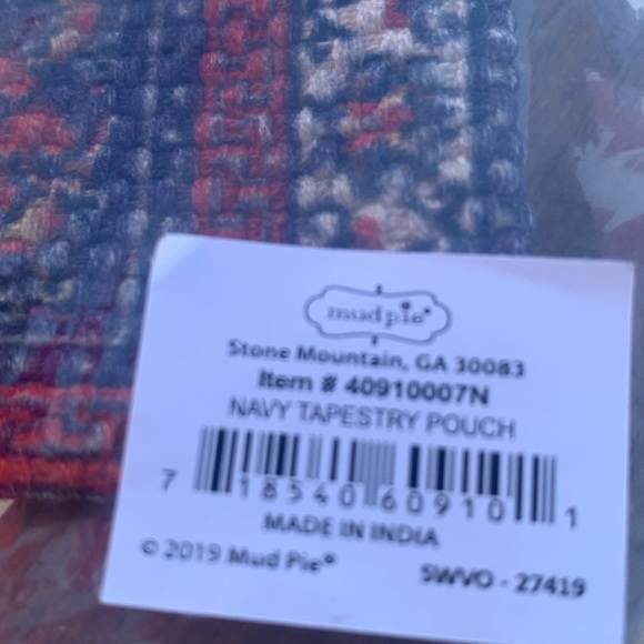 Navy Woven tapestry pouch features yarn tassel zipper pull. Made in India - Picture 4 of 6